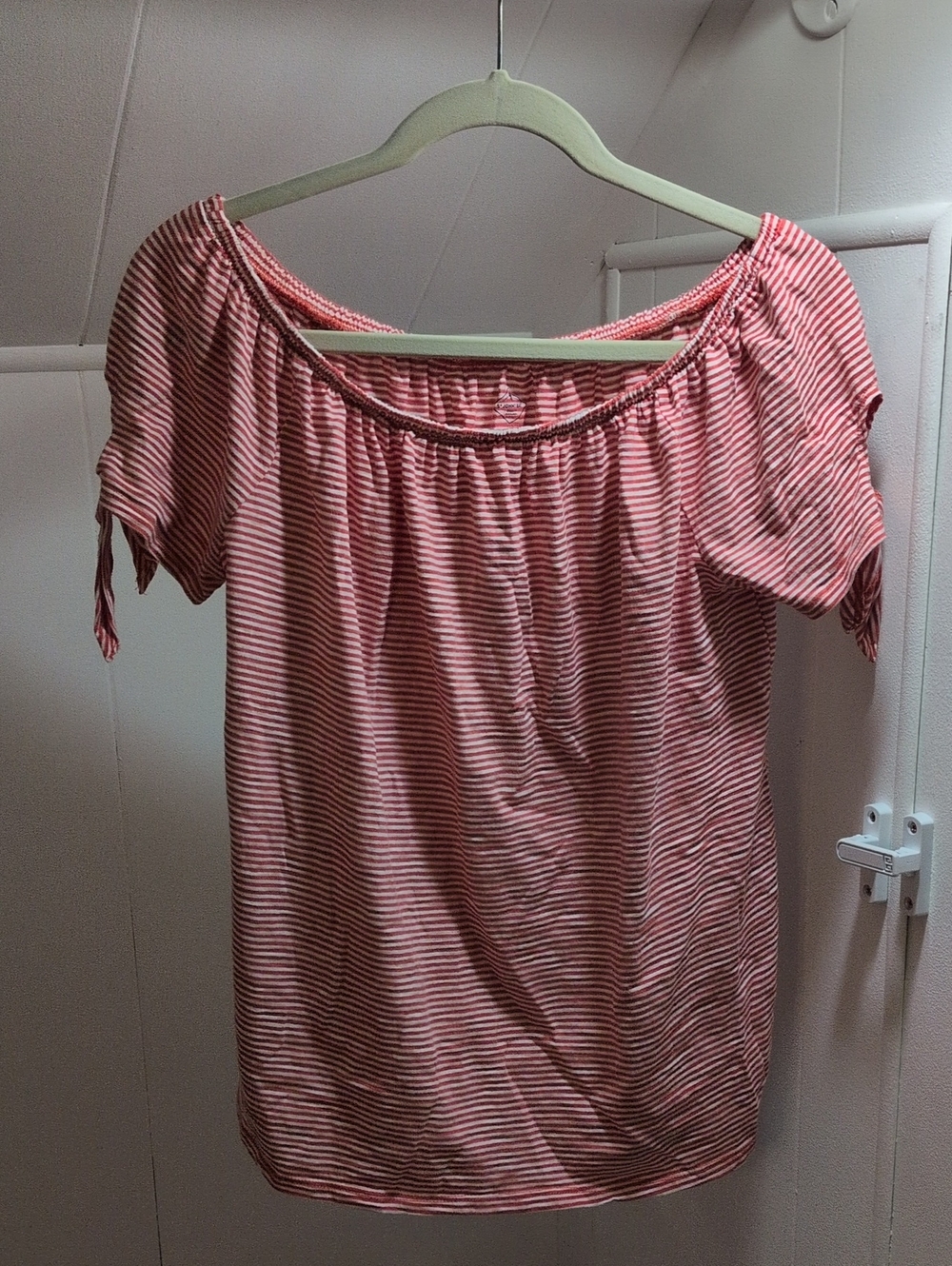 St. John's Bay Pink & White Striped Off-Shoulder Short Sleeve Tee